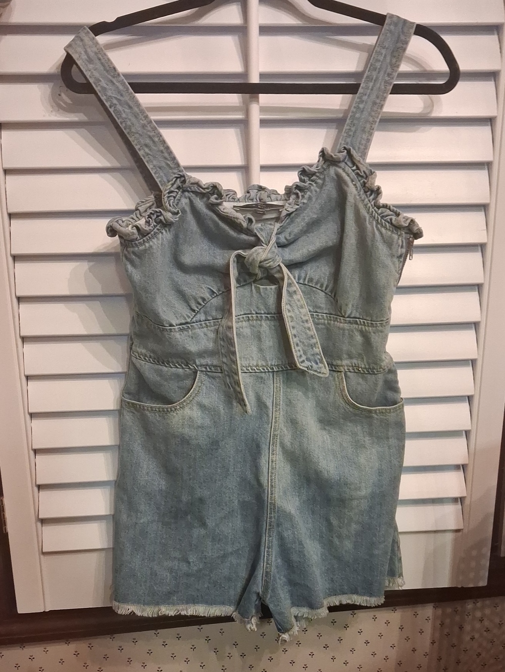 Blue Blush Light Blue Denim Romper with Ruffle Trim Sz M